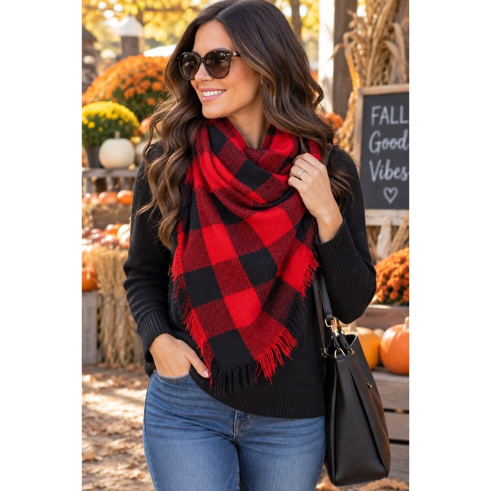Buffalo Plaid Red Black Square Blanket Scarf Frayed Edge 40x40 Cozy Fall